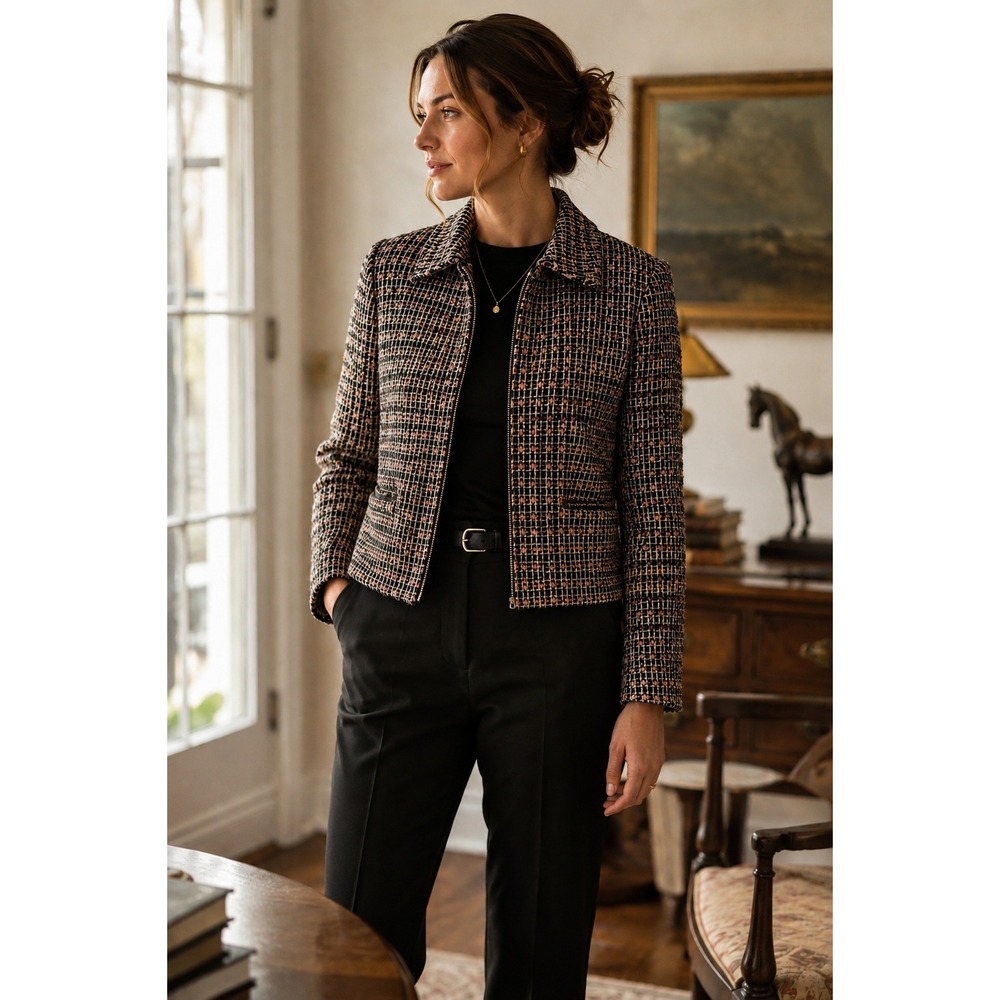 Sag Harbor Womens Tweed Jacket Sz 12 Multicolor Metallic Zip Front Blazer H33236